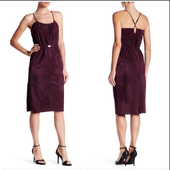 HALSTON Heritage Midi Dress Lamb Leather Suede Wine Burgundy Cami size 12 $1195 - Picture 5 of 11